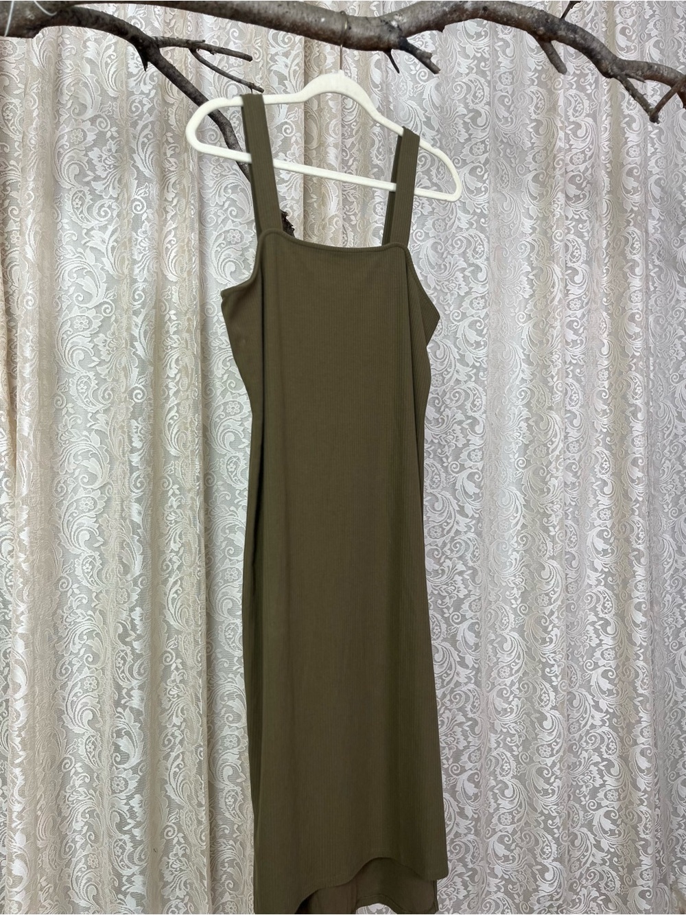 The Drop - Amelia - Square Neck Strappy Midi Tank Dress - Olive - Size Small